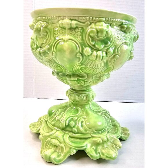 Ornate Vtg Green Ceramic Hand Crafted Pedestal Victorian Candy Jar Farmhouse - Picture 8 of 13